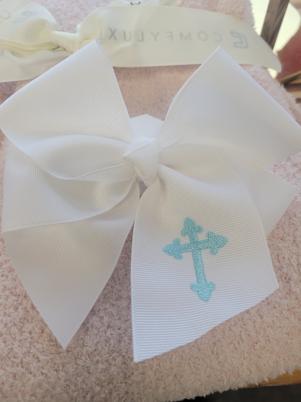 White Grosgrain Hair Bow with Light Blue Cross Accent - Kids Accessories